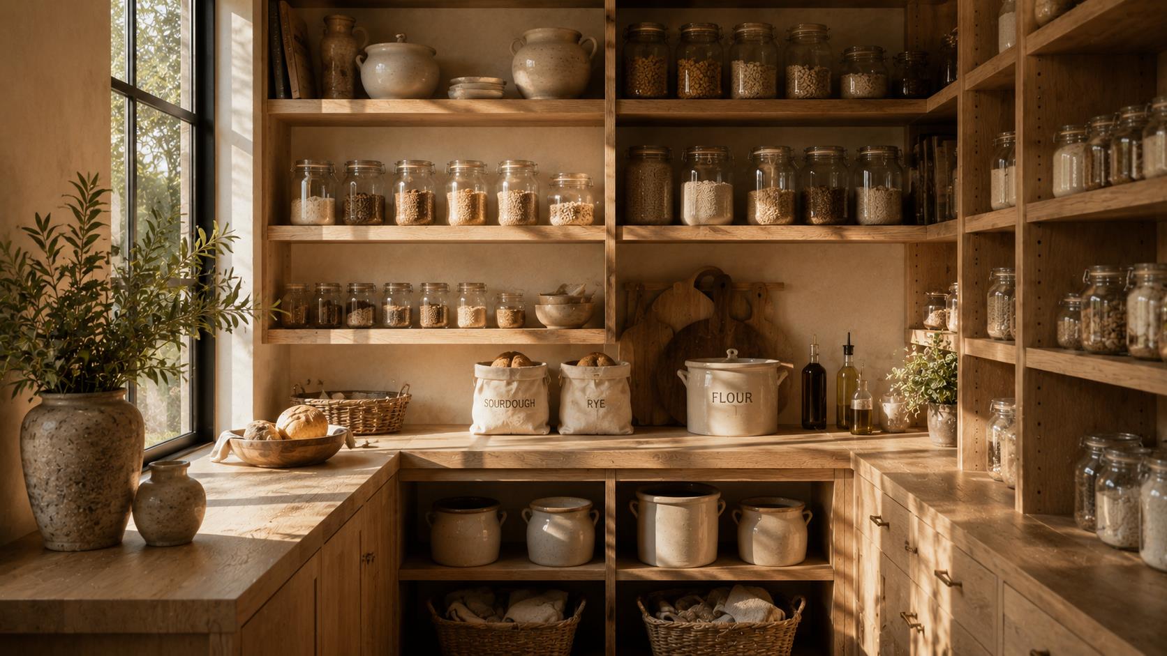 Curated Open Pantry Nooks with Vintage Stoneware